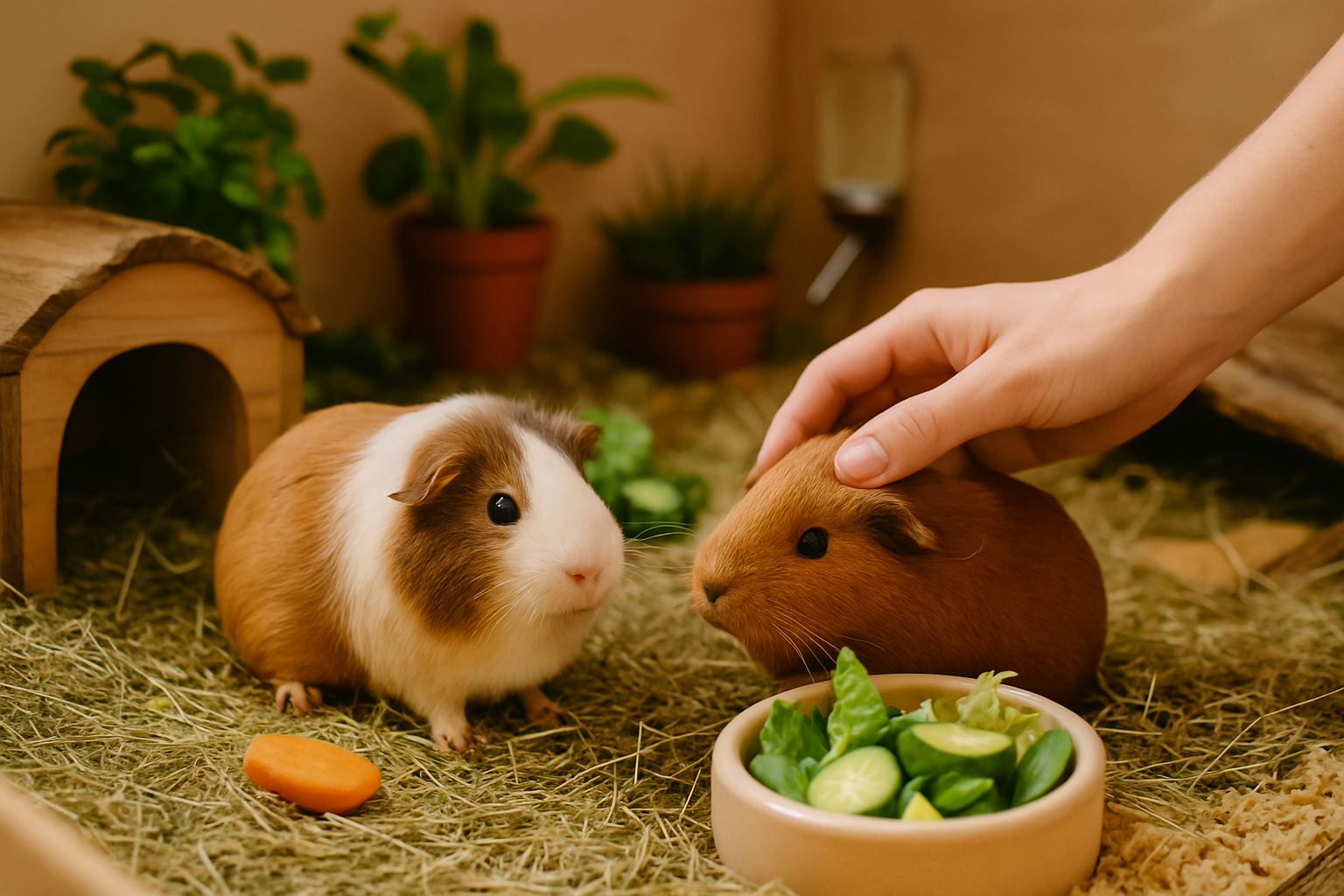 Glückliche Meerschweinchen in einem artgerecht eingerichteten Gehege mit viel Platz, Verstecken und Frischfutter