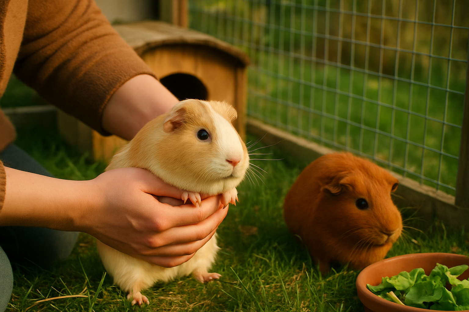 Meerschweinchen im winterfesten Außengehege mit isolierter Schutzhütte und schneebedecktem Dach