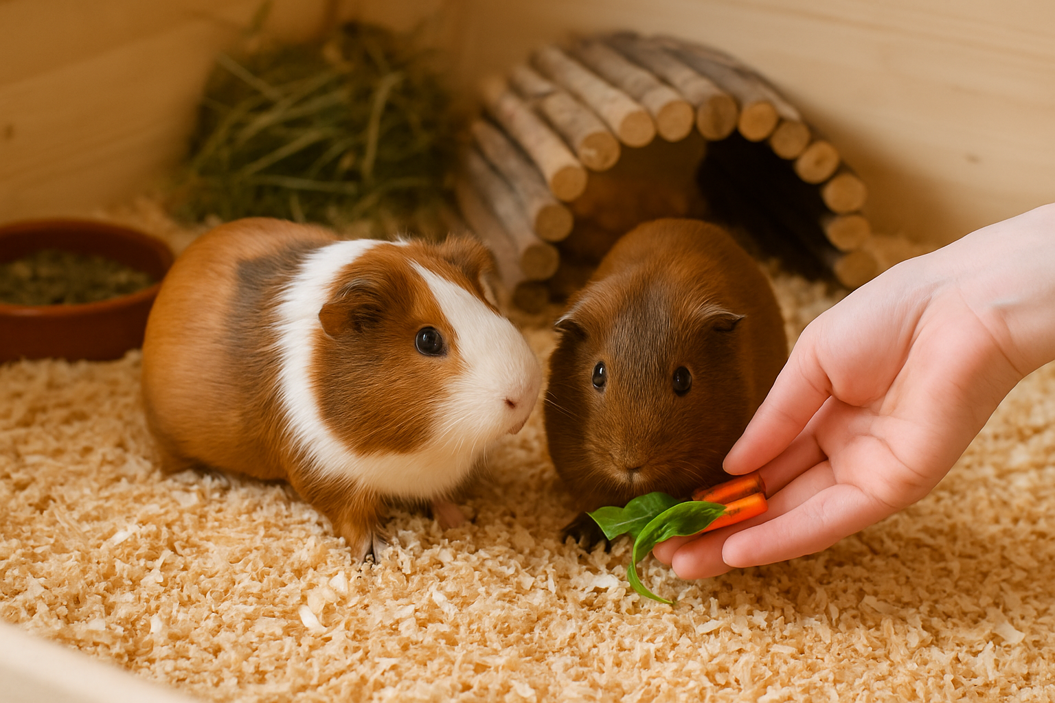 Verschiedene Einstreuarten für Meerschweinchen in einem sauberen, artgerechten Gehege mit Heu und Verstecken