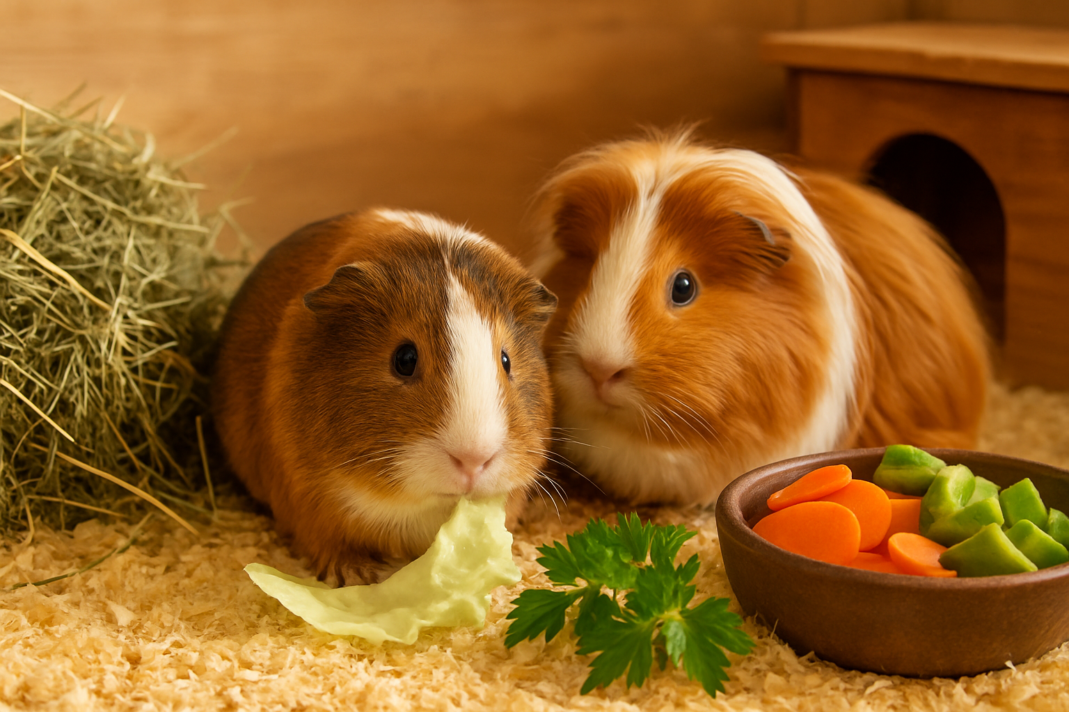 Meerschweinchen frisst frisches Gemüse und Heu in einem artgerechten Gehege