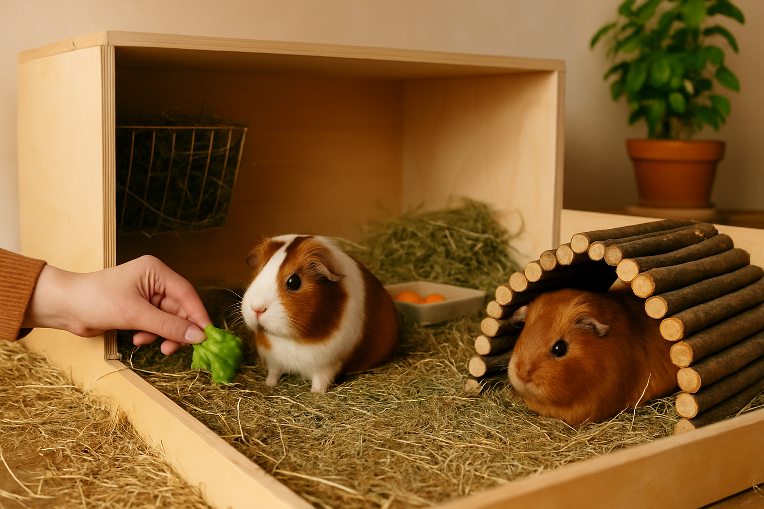 Großes, artgerecht eingerichtetes Meerschweinchen Gehege mit Verstecken, Ebenen und viel Platz zum Laufen