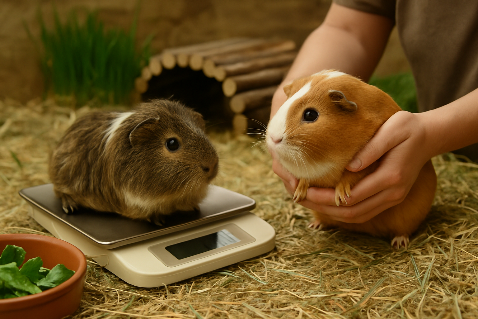 Meerschweinchen wird auf einer digitalen Küchenwaage gewogen, um das Gewicht zu kontrollieren