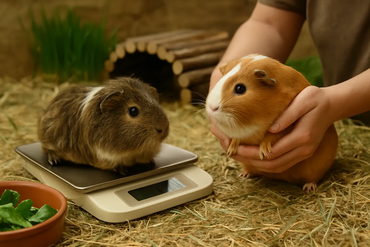 Meerschweinchen wird auf einer digitalen Küchenwaage gewogen, um das Gewicht zu kontrollieren