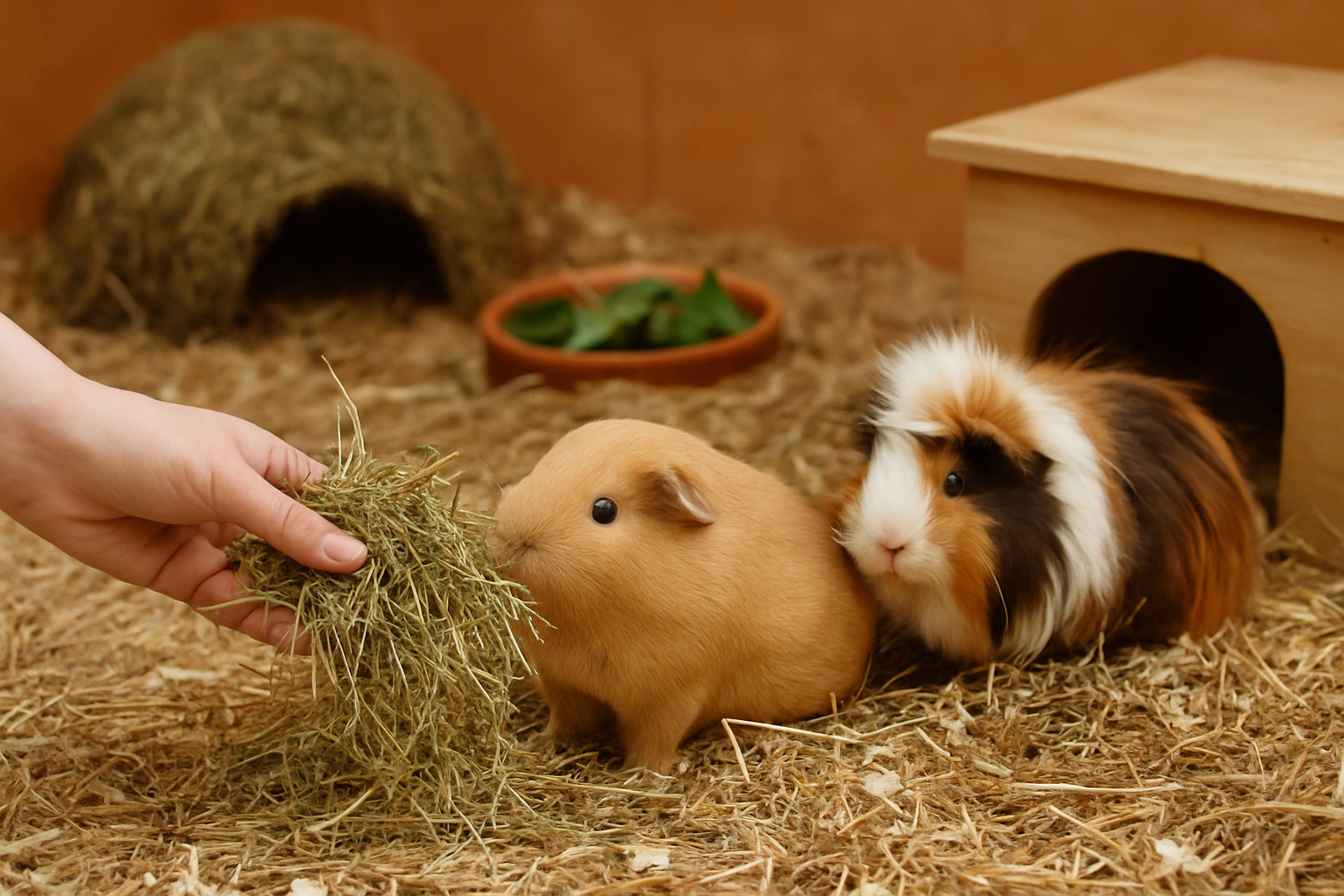 Meerschweinchen frisst frisches, grünes Heu aus einer gut gefüllten Heuraufe