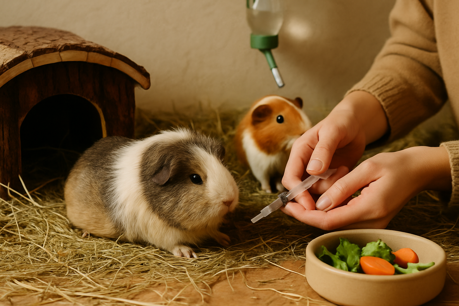 Krankes Meerschweinchen wird von einem Tierarzt untersucht, daneben steht ein besorgter Halter
