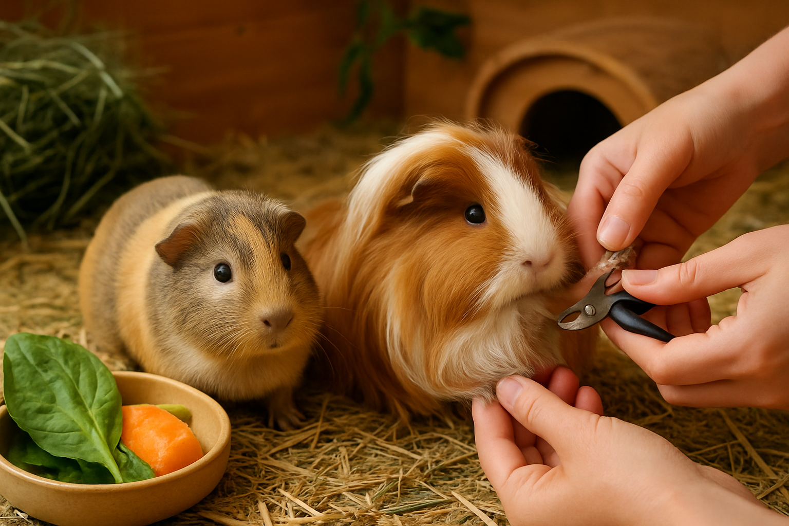 Meerschweinchen wird liebevoll gepflegt, Halter kämmt das Fell und kontrolliert die Krallen