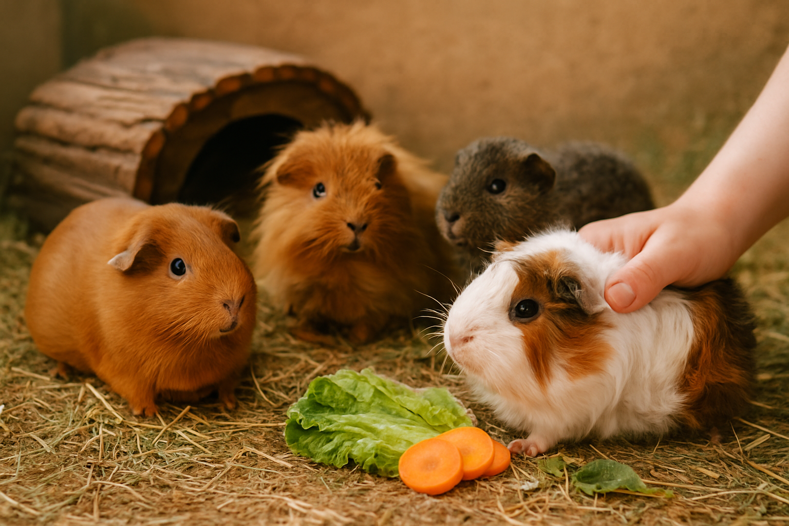 Verschiedene Meerschweinchen-Rassen nebeneinander: Glatthaar, Langhaar, Rosetten und Rex in unterschiedlichen Farben