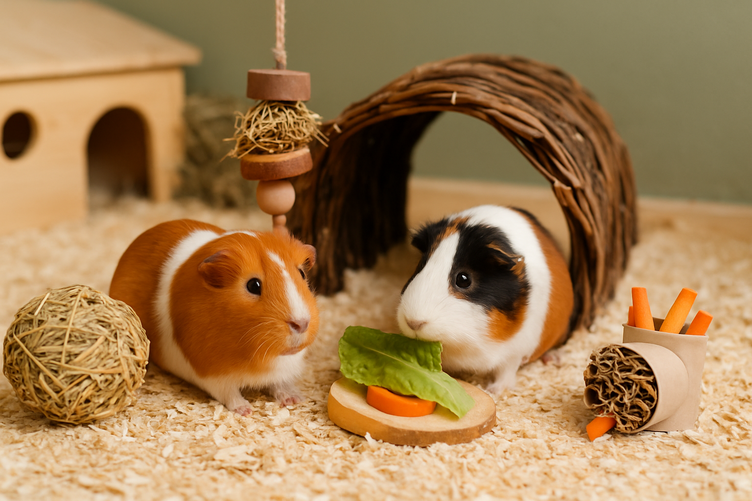 Meerschweinchen erkunden verschiedene Beschäftigungsmöglichkeiten wie Tunnel, Weidenbrücken und Futterverstecke