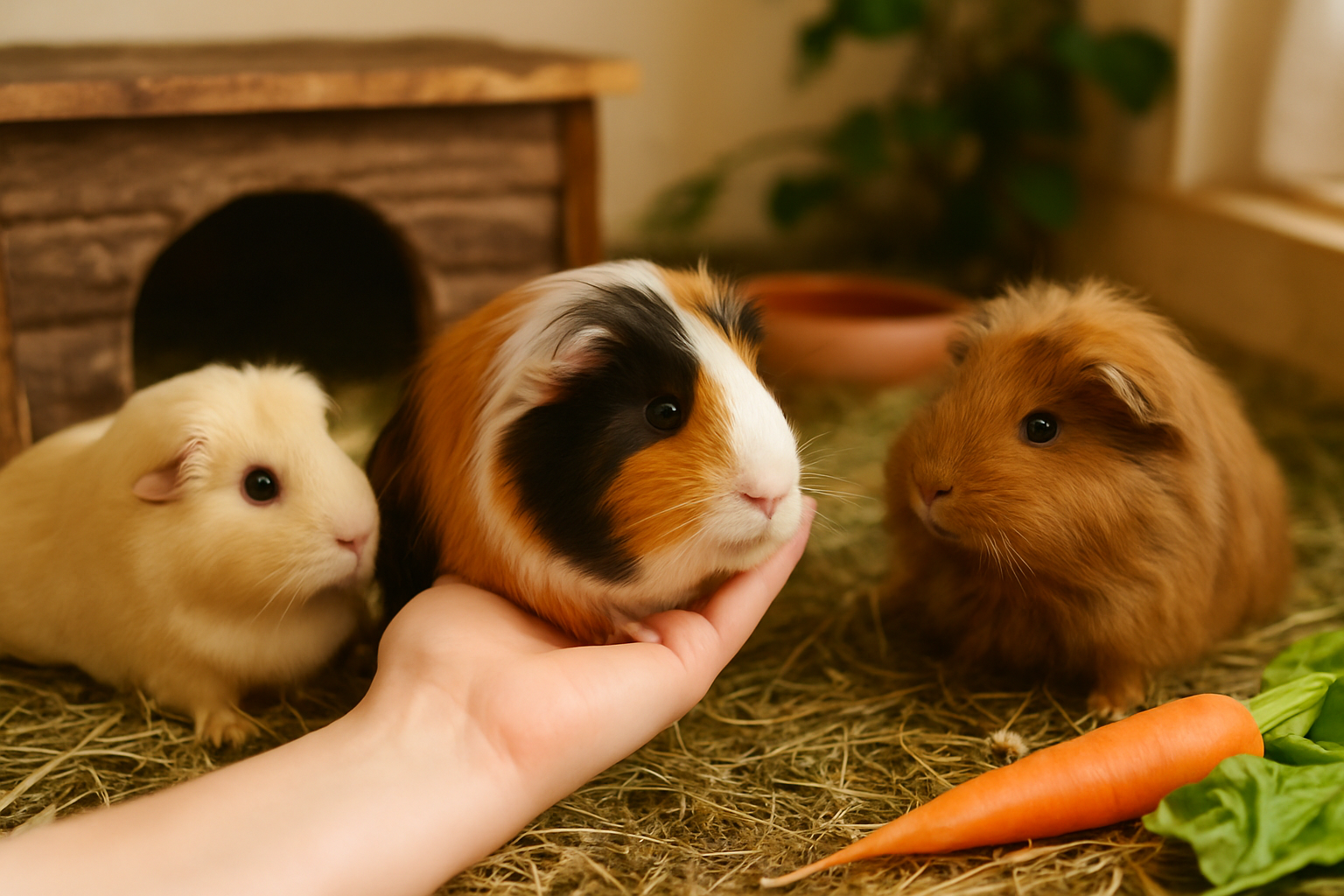 Mehrere Meerschweinchen beim ersten Kennenlernen auf neutralem Boden mit Versteckmöglichkeiten