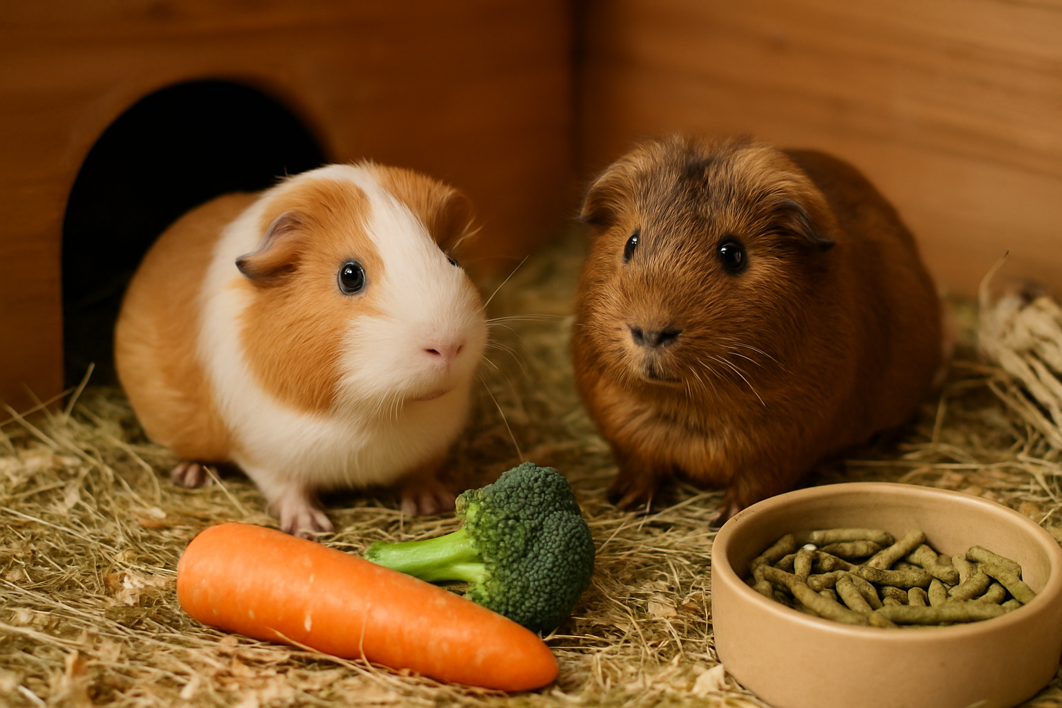 Meerschweinchen frisst vitamin-C-reiche Paprika und frisches Gemüse in einem artgerechten Gehege
