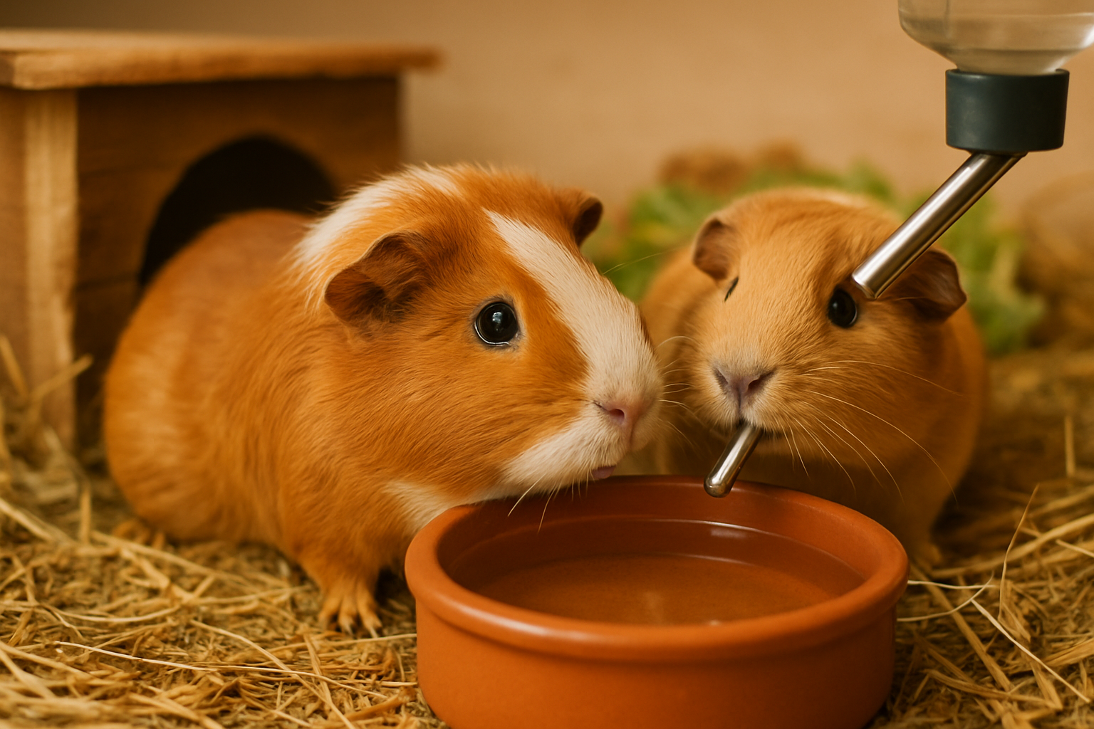 Meerschweinchen trinkt frisches Wasser aus einem Keramiknapf neben Gemüse