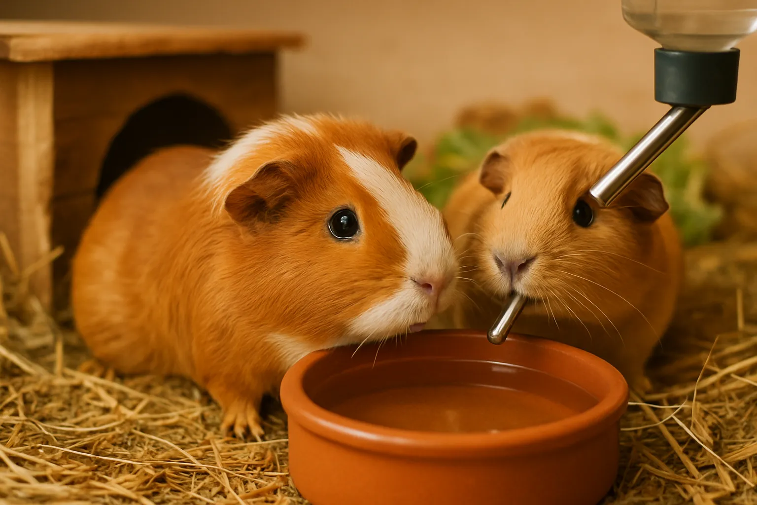 Meerschweinchen trinkt frisches Wasser aus einem Keramiknapf neben Gemüse