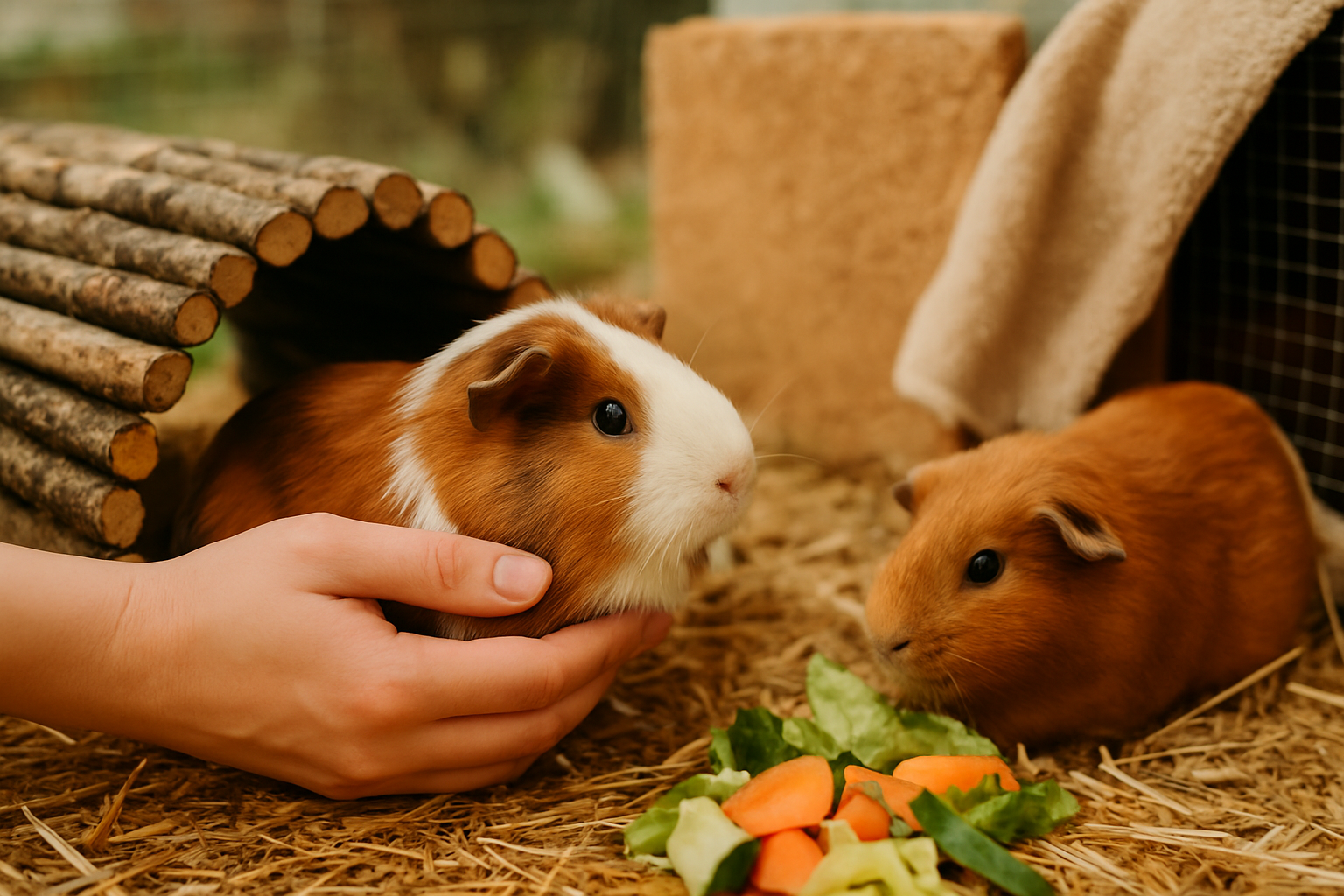 Meerschweinchen in einem winterfest isolierten Außengehege mit Schutzhütten, Heu und schneebedeckter Umgebung