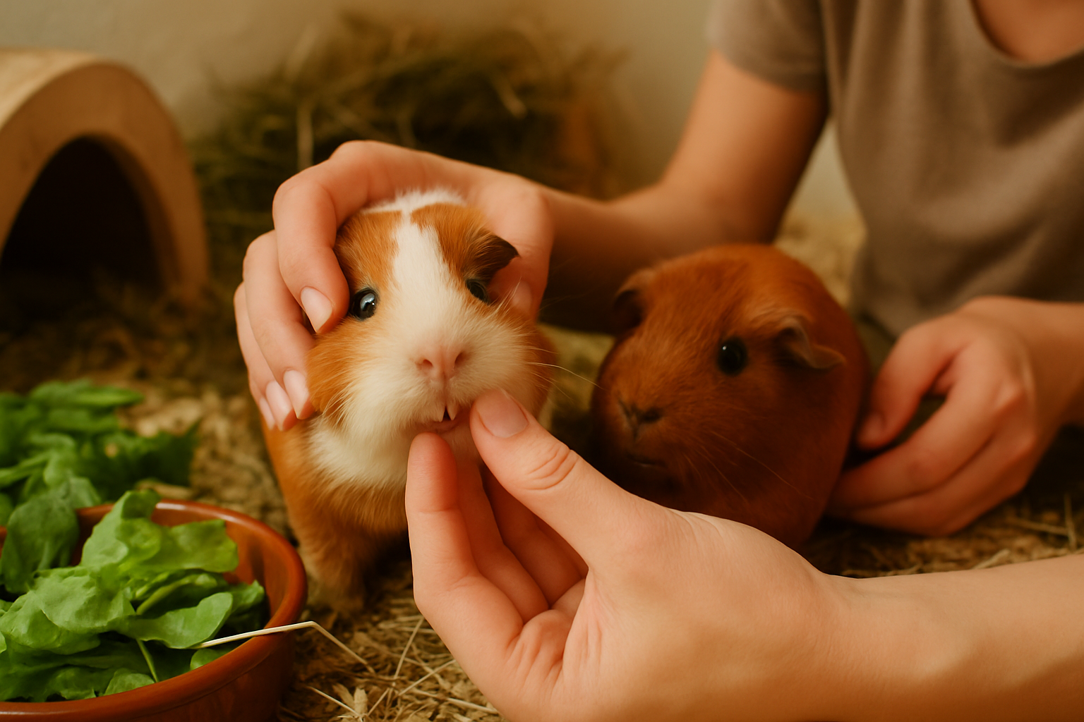 Nahaufnahme eines Meerschweinchens beim Fressen von Heu zur Zahnpflege und Vorbeugung von Zahnproblemen